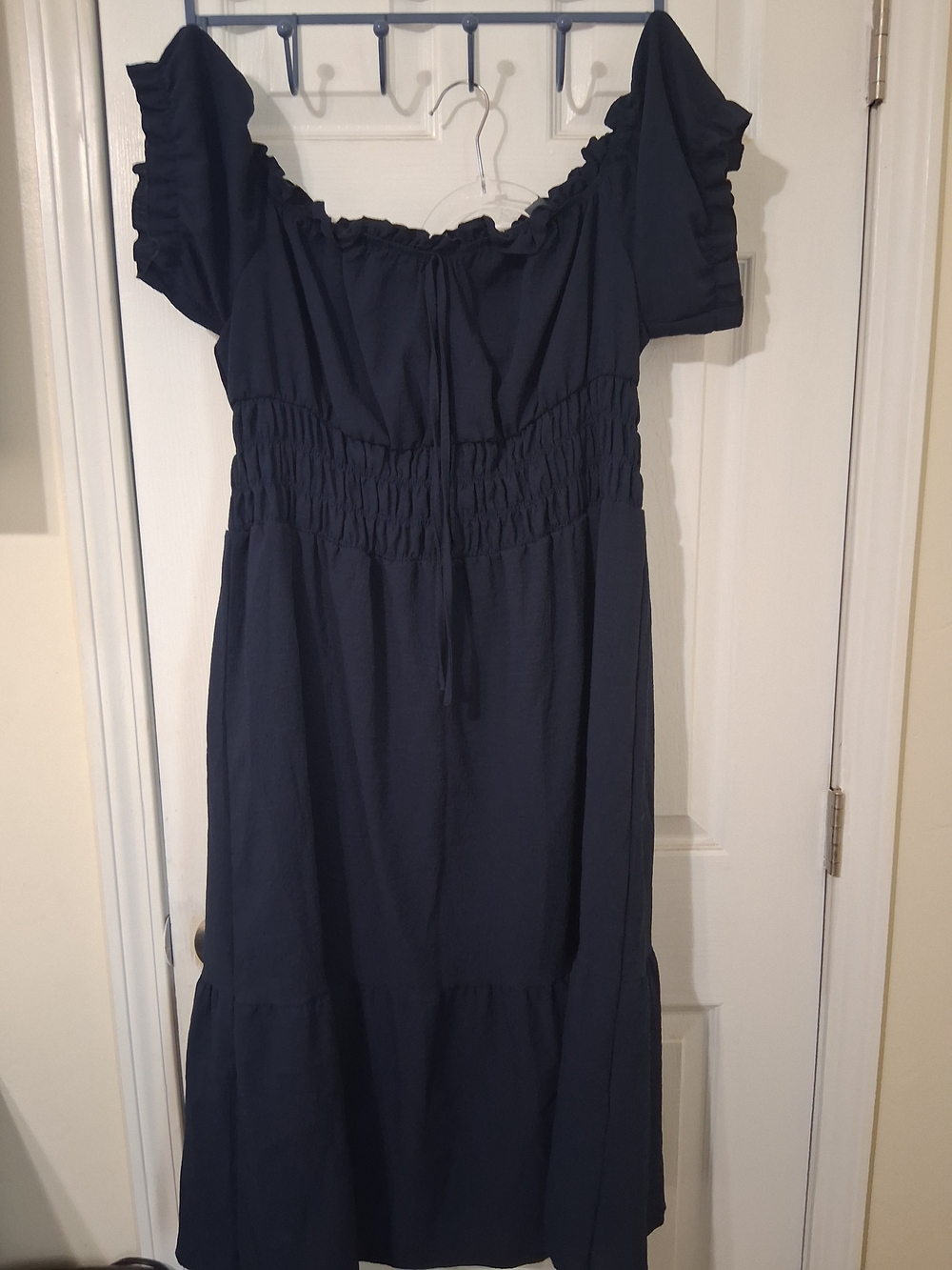 & Other Stories Navy Blue Off-Shoulder Smocked Midi Dress